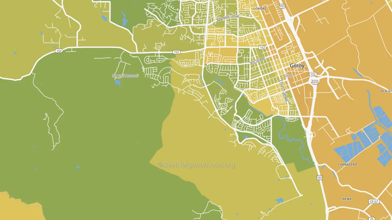 Map of the best neighborhoods in the Lonoke area, with better matches in green and worse matches in red