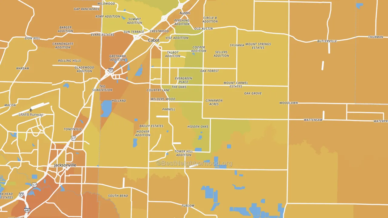 Map of the best neighborhoods in the Lonoke County area, with better matches in green and worse matches in red
