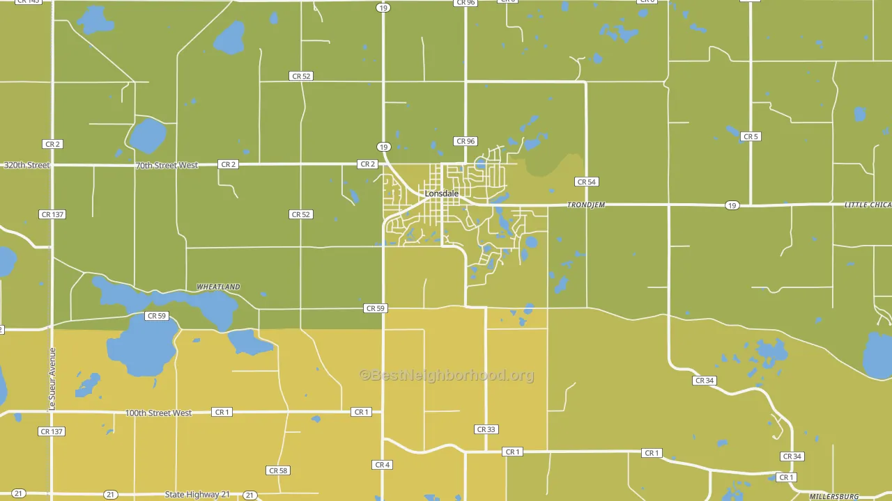 Map of the best neighborhoods in the Lonsdale area, with better matches in green and worse matches in red