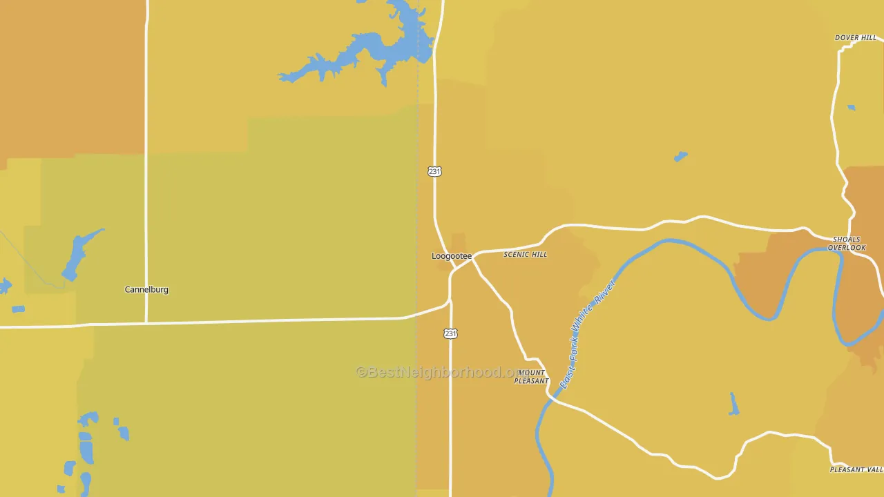 Map of the best neighborhoods in the Loogootee area, with better matches in green and worse matches in red