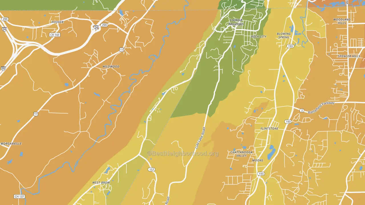 Map of the best neighborhoods in the Lookout Mountain area, with better matches in green and worse matches in red