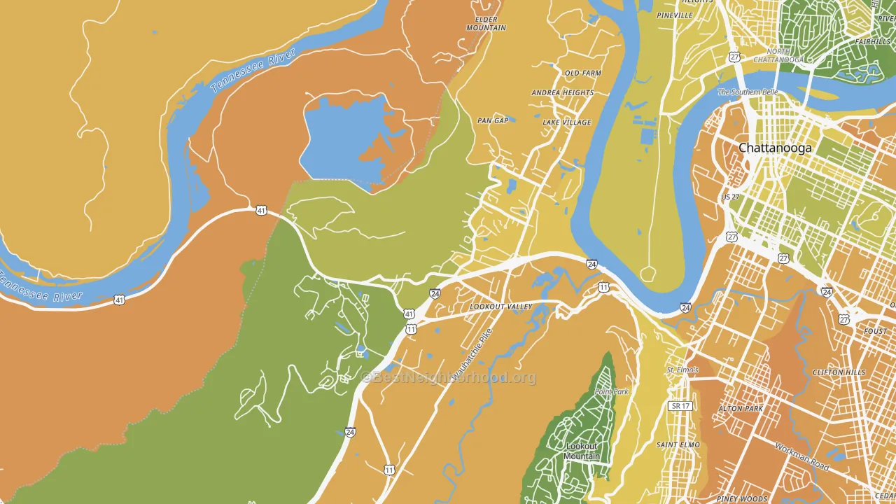 Map of the best neighborhoods in the Lookout Valley, Chattanooga area, with better matches in green and worse matches in red