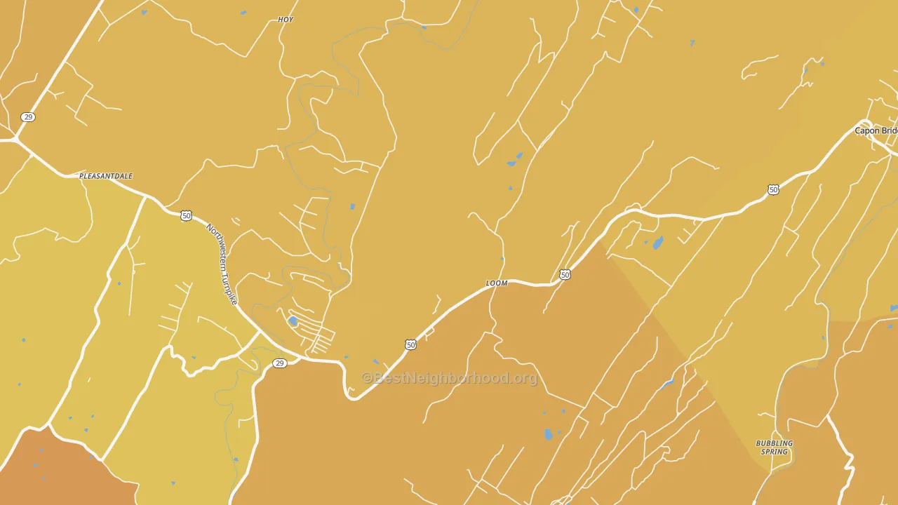 Map of the best neighborhoods in the Loom area, with better matches in green and worse matches in red