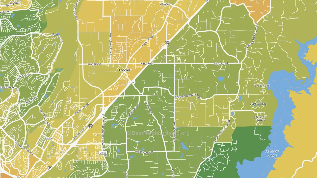 Map of the best neighborhoods in the Loomis area, with better matches in green and worse matches in red