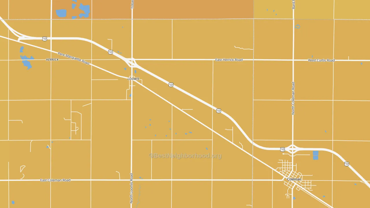 Map of the best neighborhoods in the Loomis area, with better matches in green and worse matches in red