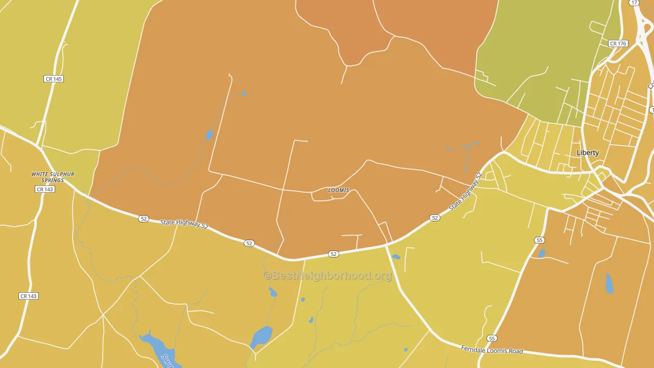 Map of the best neighborhoods in the Loomis area, with better matches in green and worse matches in red