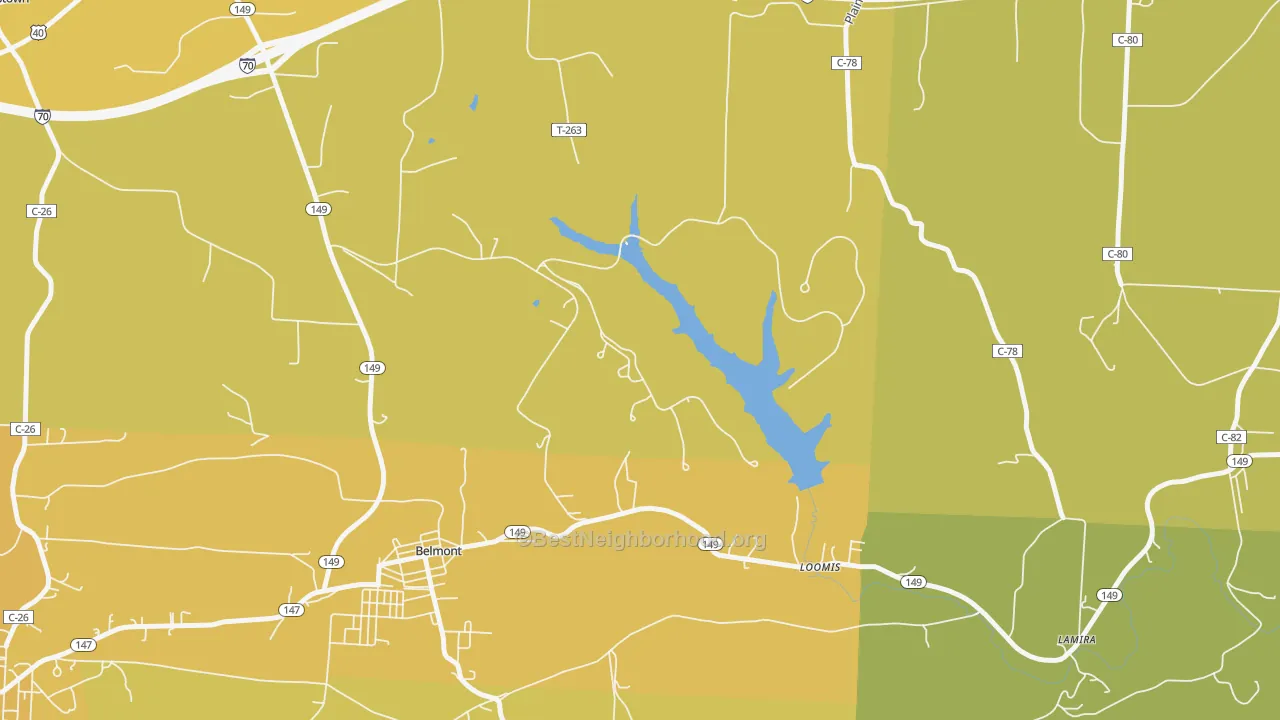 Map of the best neighborhoods in the Loomis area, with better matches in green and worse matches in red