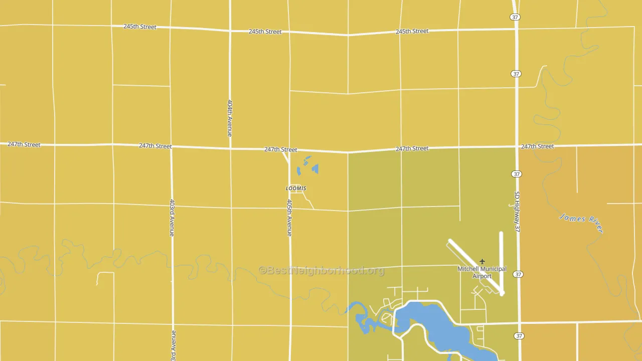 Map of the best neighborhoods in the Loomis area, with better matches in green and worse matches in red