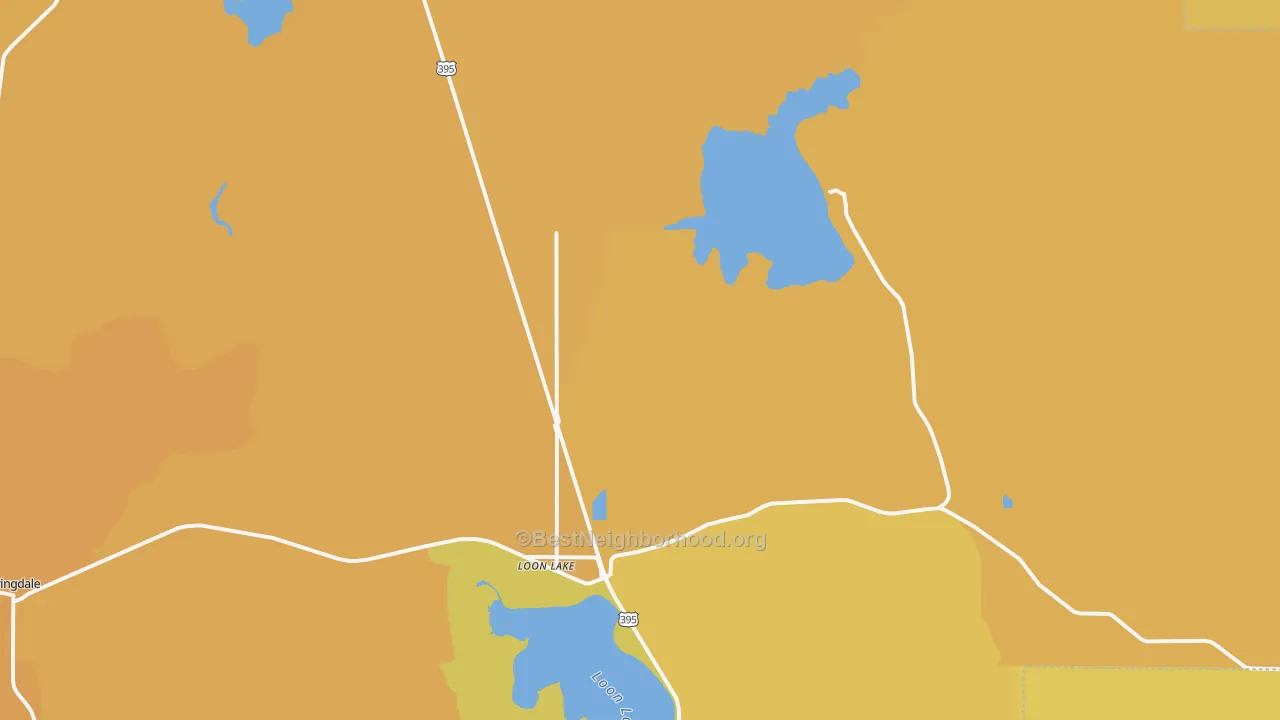 Map of the best neighborhoods in the Loon Lake area, with better matches in green and worse matches in red