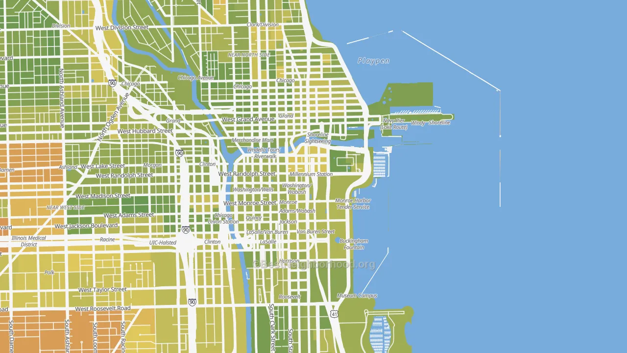 Map of the best neighborhoods in the Loop, Chicago area, with better matches in green and worse matches in red