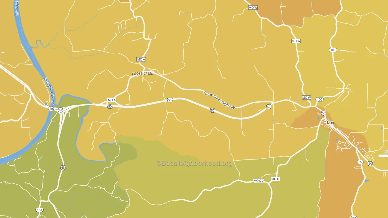 Map of the best neighborhoods in the Loose Creek area, with better matches in green and worse matches in red