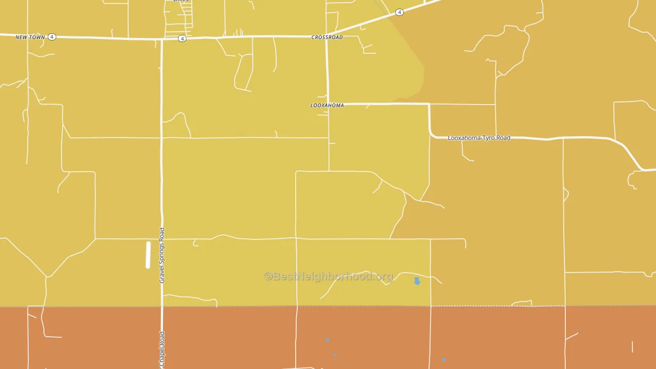 Map of the best neighborhoods in the Looxahoma area, with better matches in green and worse matches in red