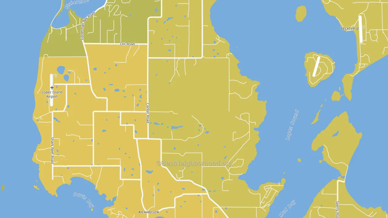 Map of the best neighborhoods in the Lopez Island area, with better matches in green and worse matches in red