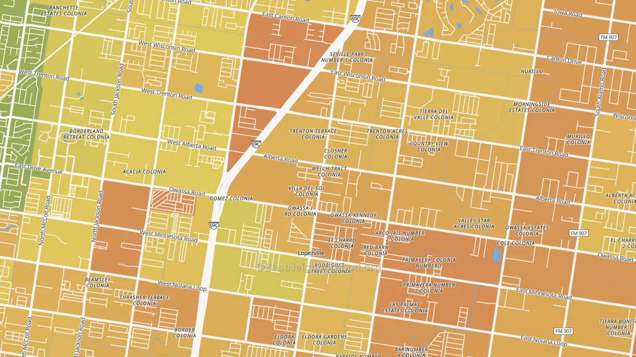 Map of the best neighborhoods in the Lopezville area, with better matches in green and worse matches in red