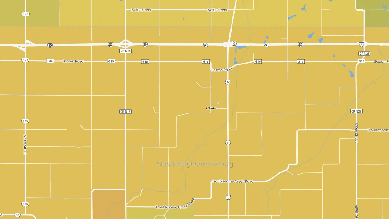 Map of the best neighborhoods in the Lorah area, with better matches in green and worse matches in red