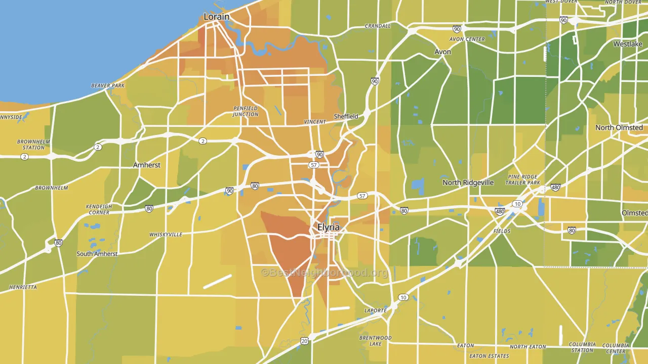 Map of the best neighborhoods in the Lorain County area, with better matches in green and worse matches in red