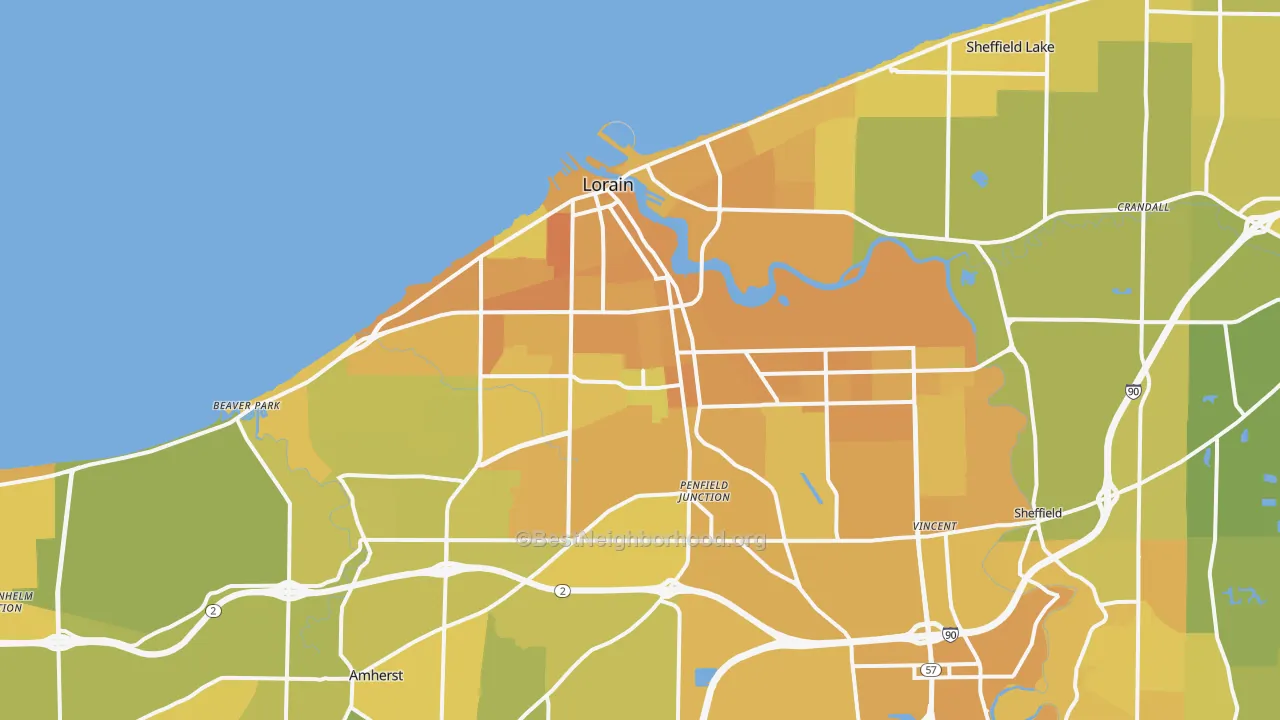 Map of the best neighborhoods in the Lorain area, with better matches in green and worse matches in red