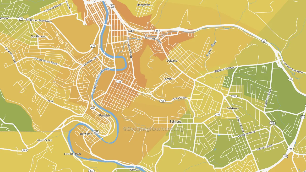 Map of the best neighborhoods in the Lorain area, with better matches in green and worse matches in red
