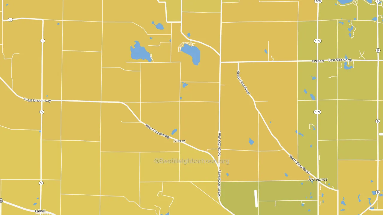 Map of the best neighborhoods in the Lorane area, with better matches in green and worse matches in red