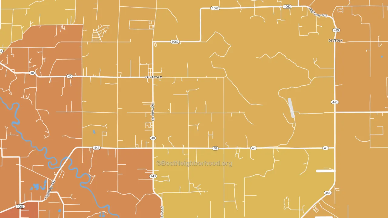 Map of the best neighborhoods in the Loranger area, with better matches in green and worse matches in red