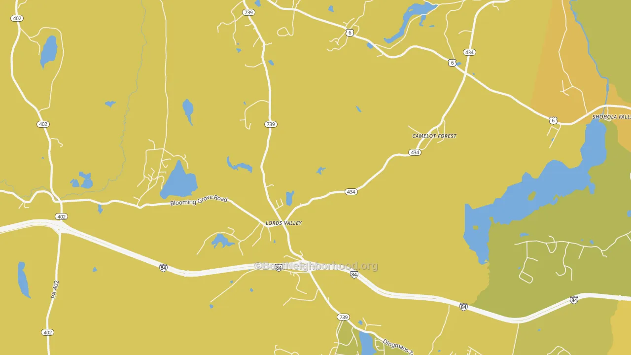 Map of the best neighborhoods in the Lords Valley area, with better matches in green and worse matches in red