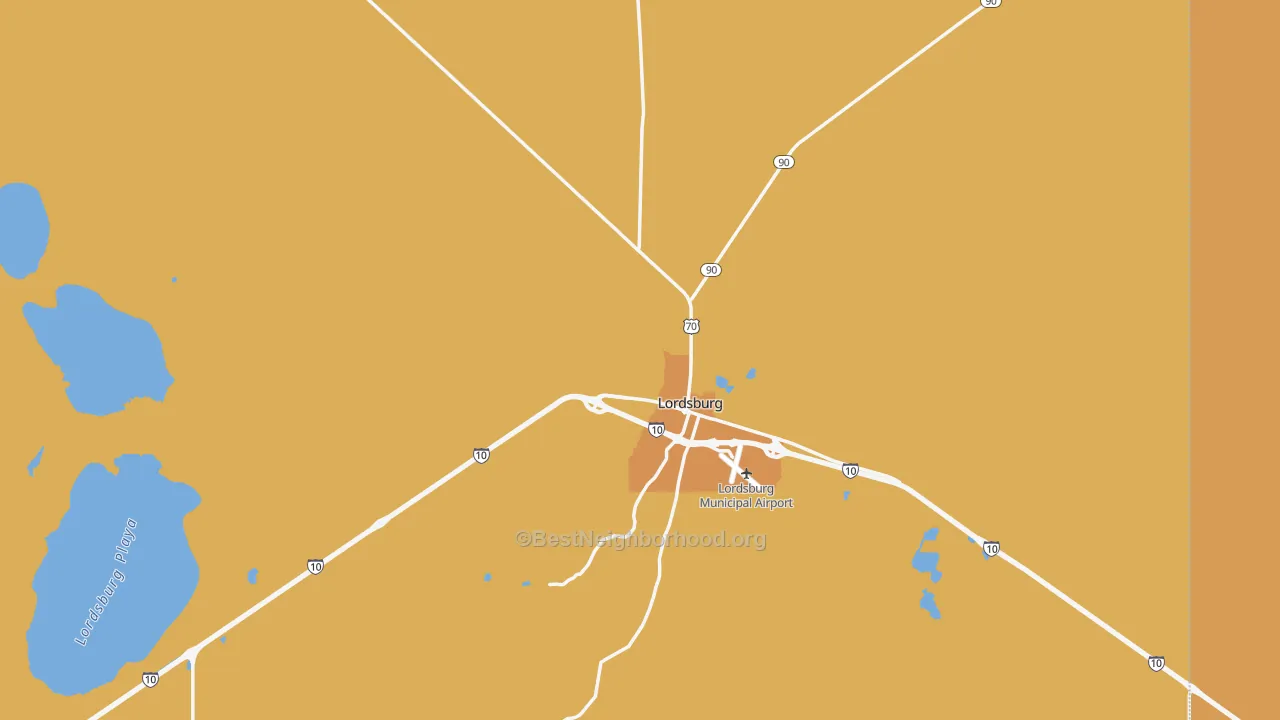 Map of the best neighborhoods in the Lordsburg area, with better matches in green and worse matches in red