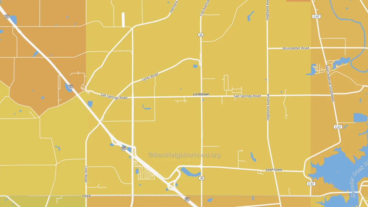 Map of the best neighborhoods in the Lordstown area, with better matches in green and worse matches in red