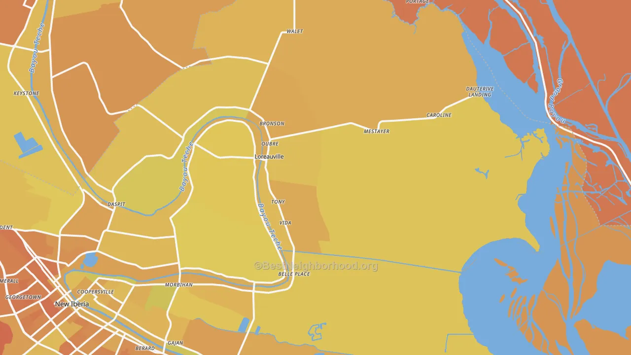 Map of the best neighborhoods in the Loreauville area, with better matches in green and worse matches in red