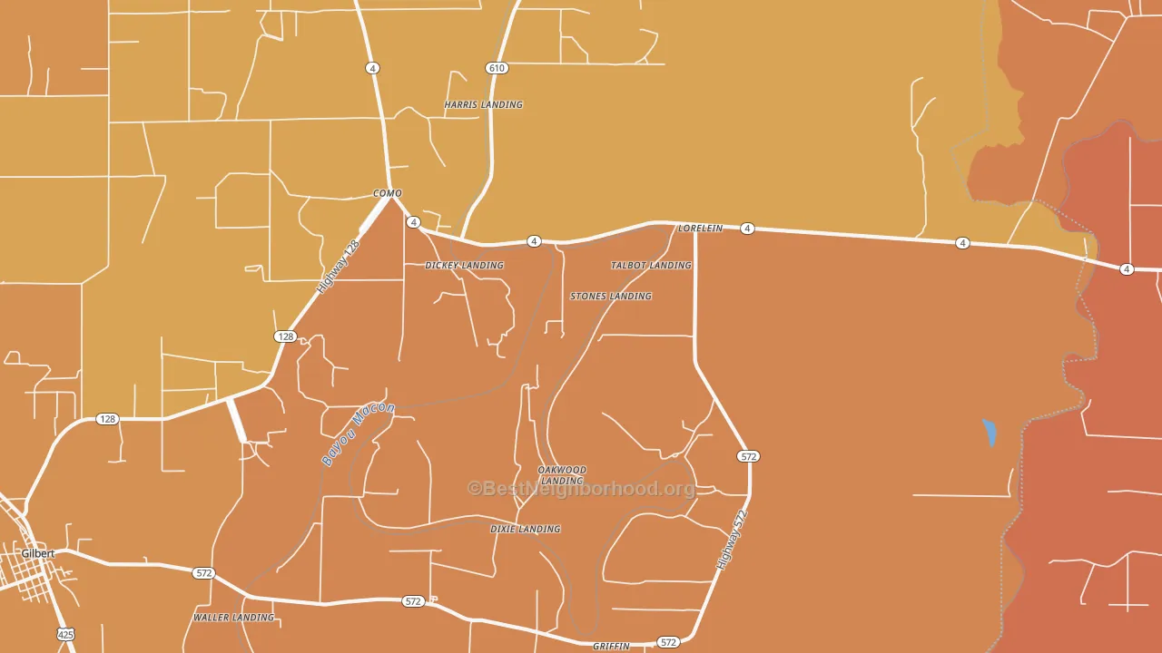 Map of the best neighborhoods in the Lorelein area, with better matches in green and worse matches in red