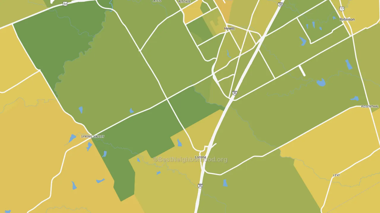 Map of the best neighborhoods in the Lorena area, with better matches in green and worse matches in red