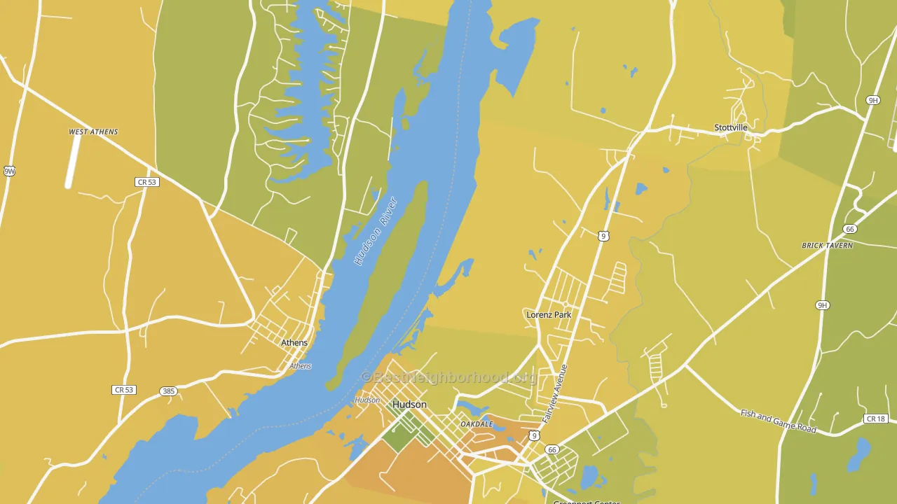 Map of the best neighborhoods in the Lorenz Park area, with better matches in green and worse matches in red