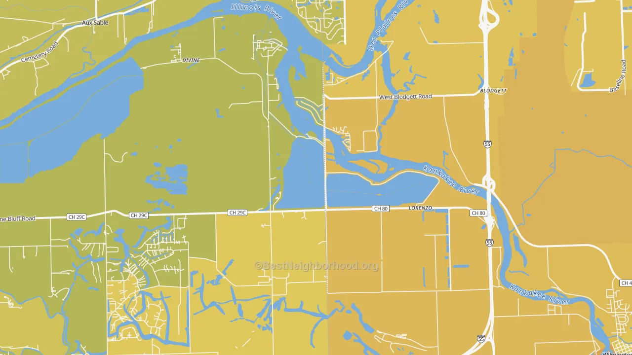 Map of the best neighborhoods in the Lorenzo area, with better matches in green and worse matches in red