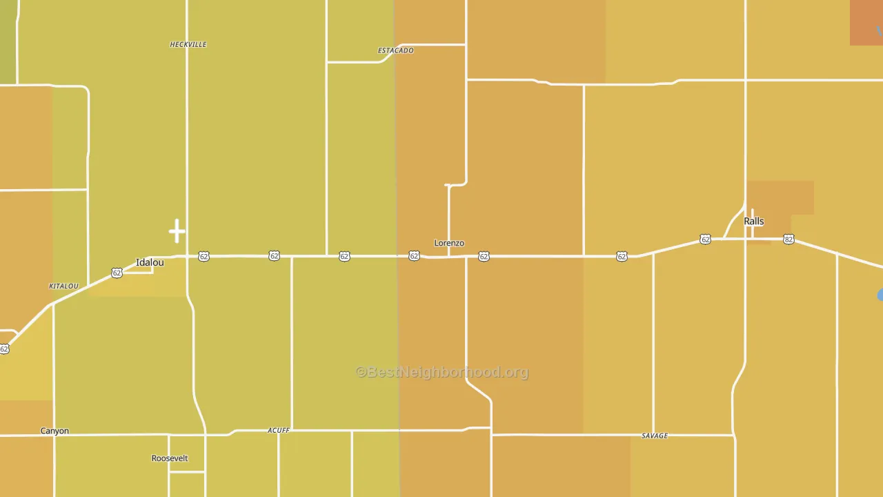 Map of the best neighborhoods in the Lorenzo area, with better matches in green and worse matches in red