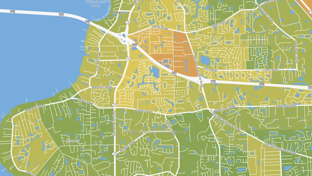 Map of the best neighborhoods in the Loretto, Jacksonville area, with better matches in green and worse matches in red