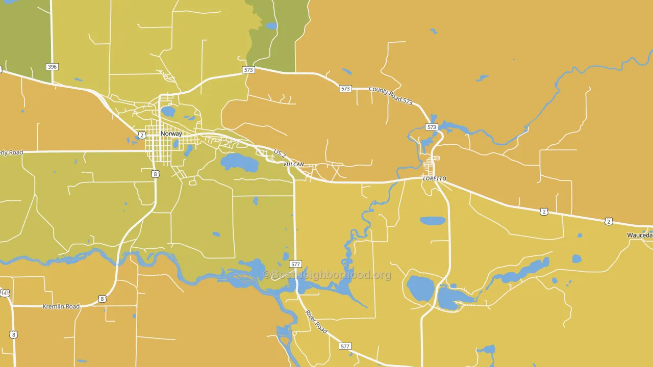 Map of the best neighborhoods in the Loretto area, with better matches in green and worse matches in red