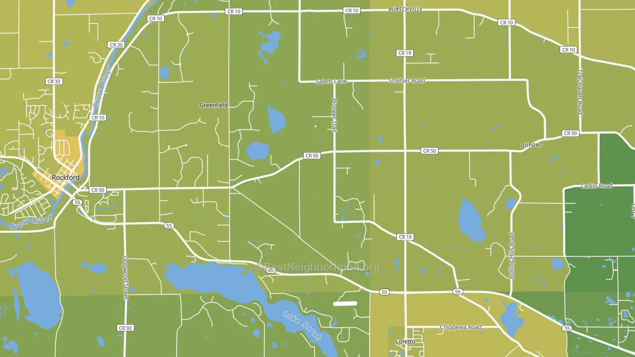 Map of the best neighborhoods in the Loretto area, with better matches in green and worse matches in red