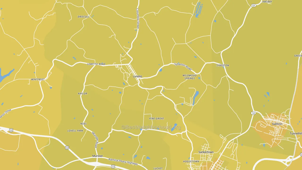 Map of the best neighborhoods in the Loretto area, with better matches in green and worse matches in red
