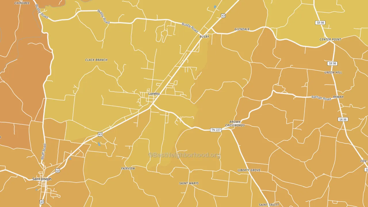 Map of the best neighborhoods in the Loretto area, with better matches in green and worse matches in red