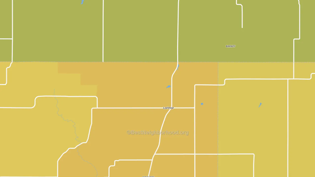 Map of the best neighborhoods in the Lorimor area, with better matches in green and worse matches in red