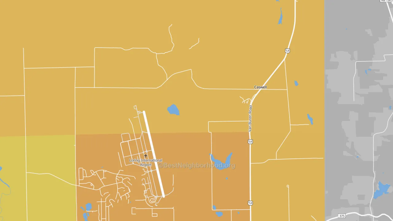Map of the best neighborhoods in the Loring Air Force Base area, with better matches in green and worse matches in red