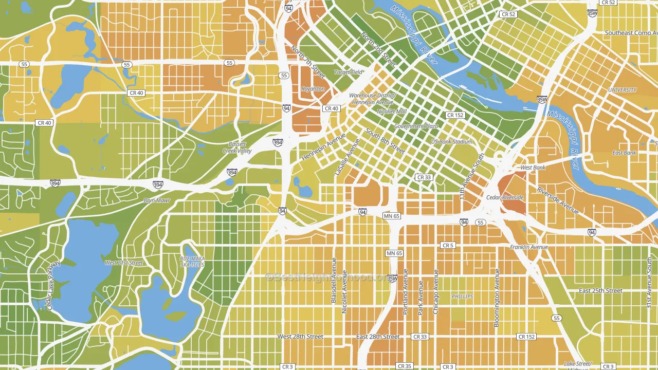 Map of the best neighborhoods in the Loring Park, Minneapolis area, with better matches in green and worse matches in red
