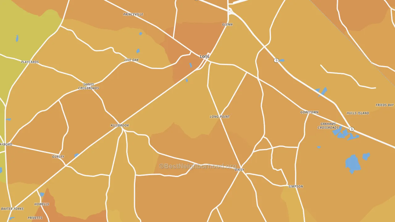Map of the best neighborhoods in the Loris area, with better matches in green and worse matches in red