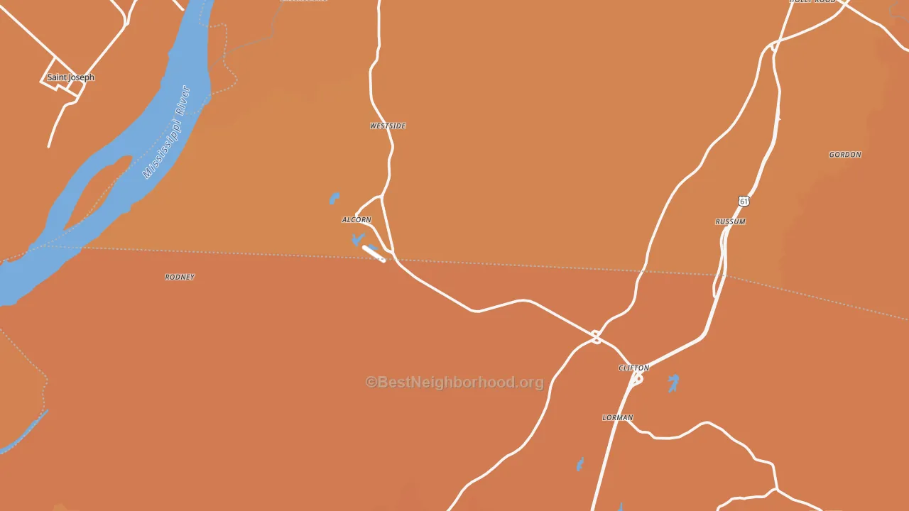 Map of the best neighborhoods in the Lorman area, with better matches in green and worse matches in red