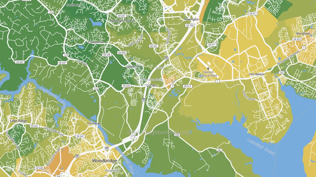 Map of the best neighborhoods in the Lorton area, with better matches in green and worse matches in red
