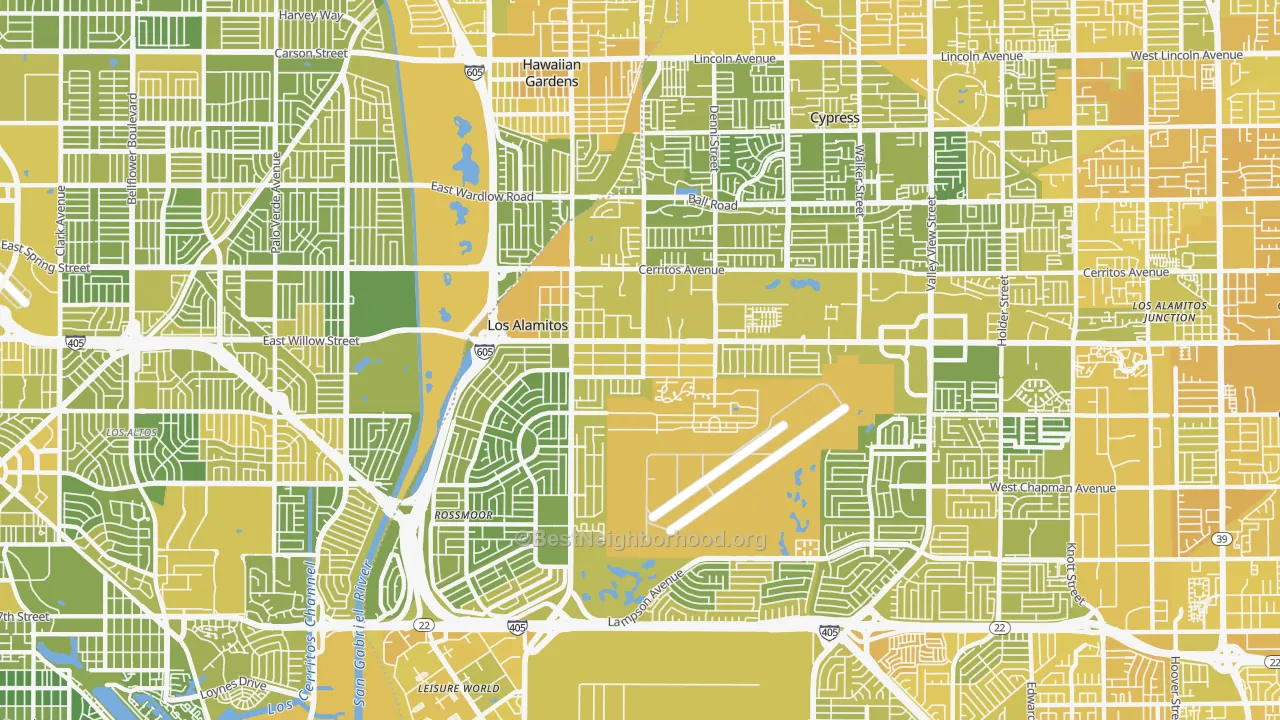 Map of the best neighborhoods in the Los Alamitos area, with better matches in green and worse matches in red