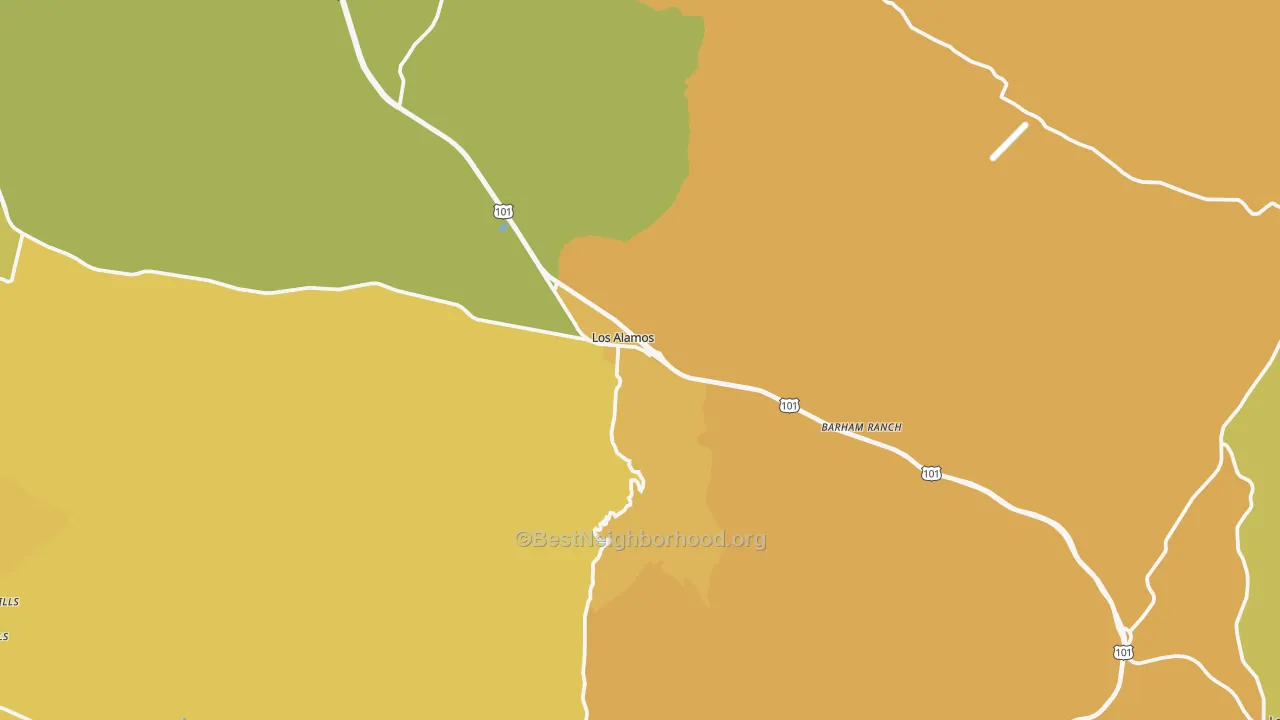 Map of the best neighborhoods in the Los Alamos area, with better matches in green and worse matches in red