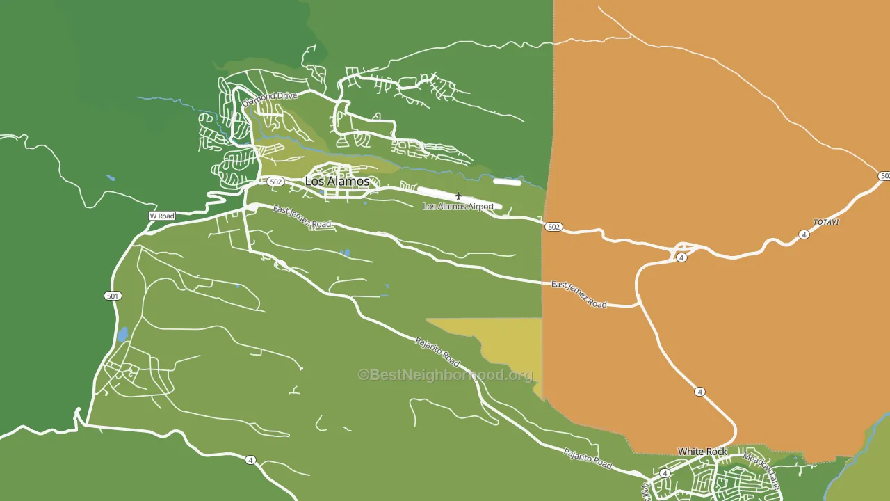 Map of the best neighborhoods in the Los Alamos County area, with better matches in green and worse matches in red