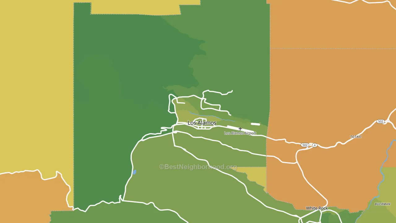 Map of the best neighborhoods in the Los Alamos area, with better matches in green and worse matches in red