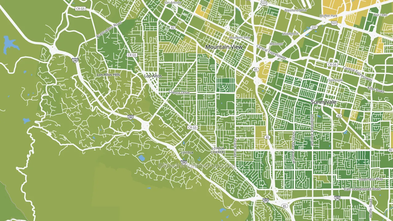 Map of the best neighborhoods in the Los Altos area, with better matches in green and worse matches in red