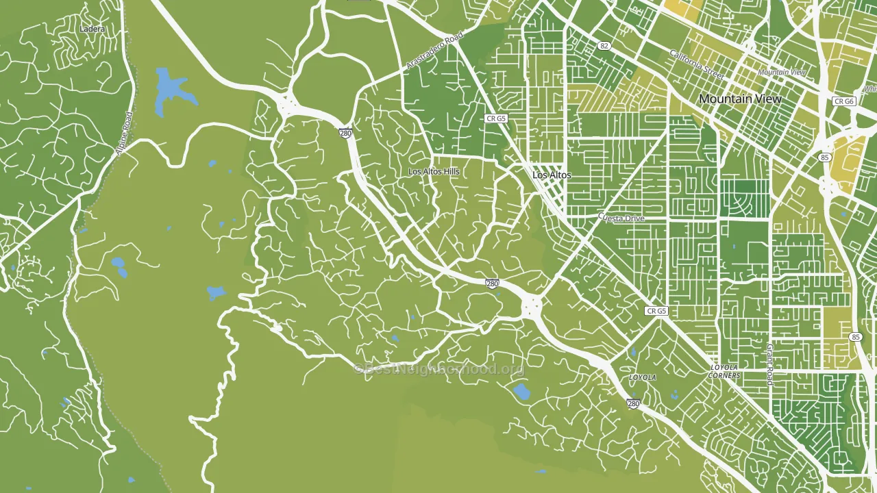 Map of the best neighborhoods in the Los Altos Hills area, with better matches in green and worse matches in red